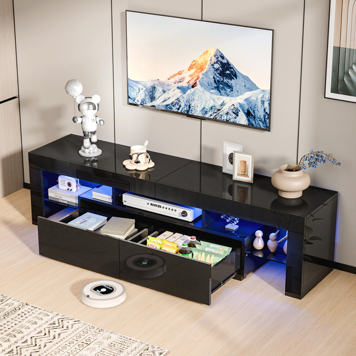TV Stand for 70 Inch TV, TV Cabinet with Open Storage, Industrial TV Cabinet with 2 Drawers and Glass Shelves for Living Room and Bedroom, Black