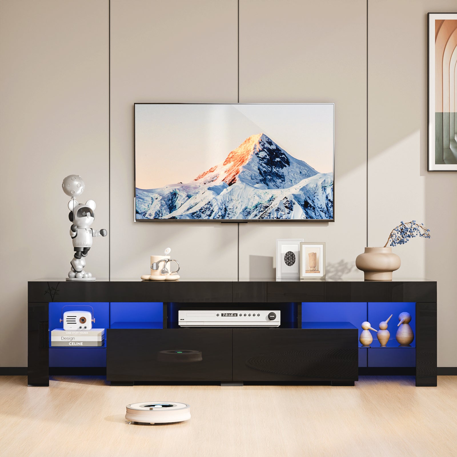 TV Stand for 70 Inch TV, TV Cabinet with Open Storage, Industrial TV Cabinet with 2 Drawers and Glass Shelves for Living Room and Bedroom, Black