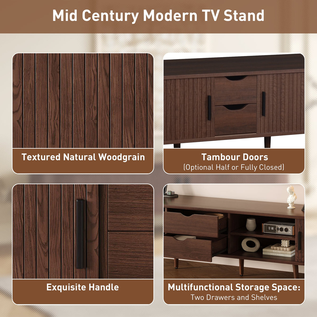 70 Inch Mid Century Modern TV Stand, TV Stand for 80 Inch TV, TV Stand with Tambour Doors, Drawers and Power Outlet, TV Consoles for Living Room, Bedroom