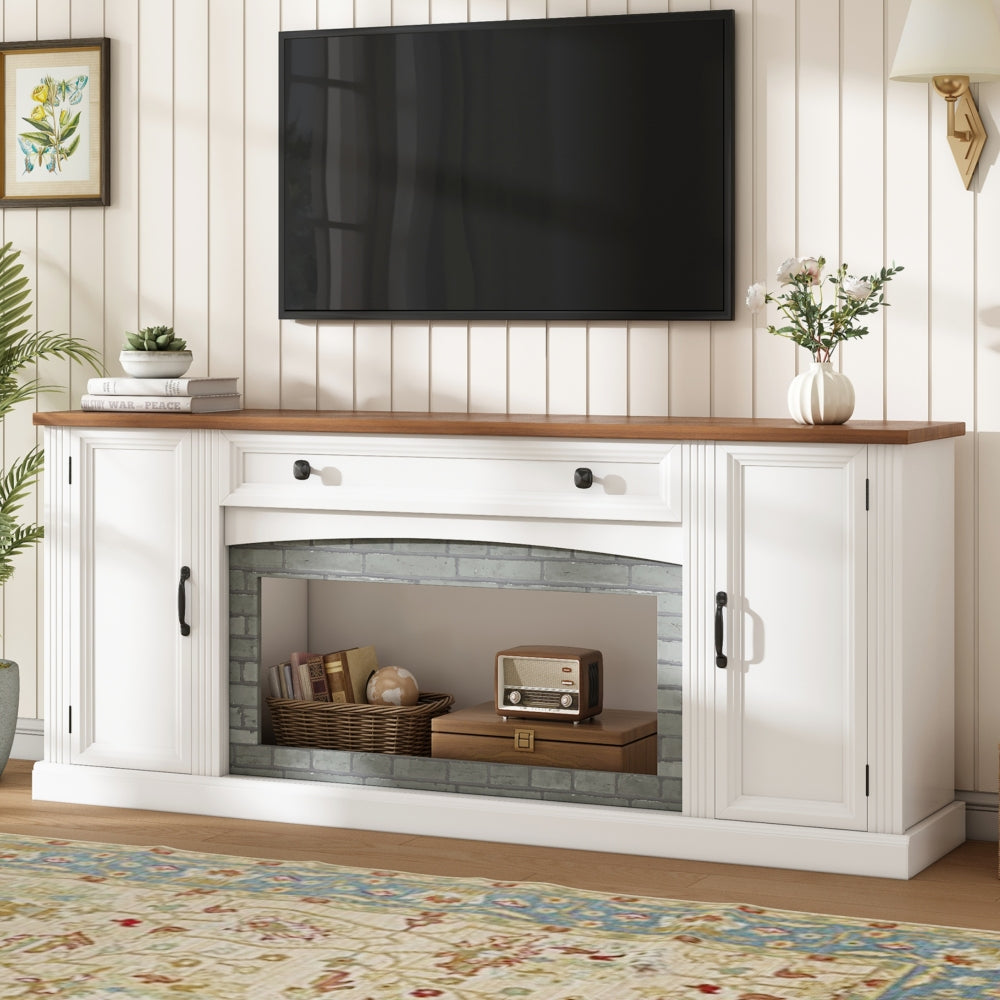 Walnut TV Stand for Tvs Up to 70', Contemporary Sideboard with Gray Brick Accents, Adjustable Shelves And Drawer, Farmhouse TV Cabinet with Cable Management, White
