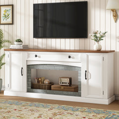 Walnut TV Stand for Tvs Up to 70', Contemporary Sideboard with Gray Brick Accents, Adjustable Shelves And Drawer, Farmhouse TV Cabinet with Cable Management, White