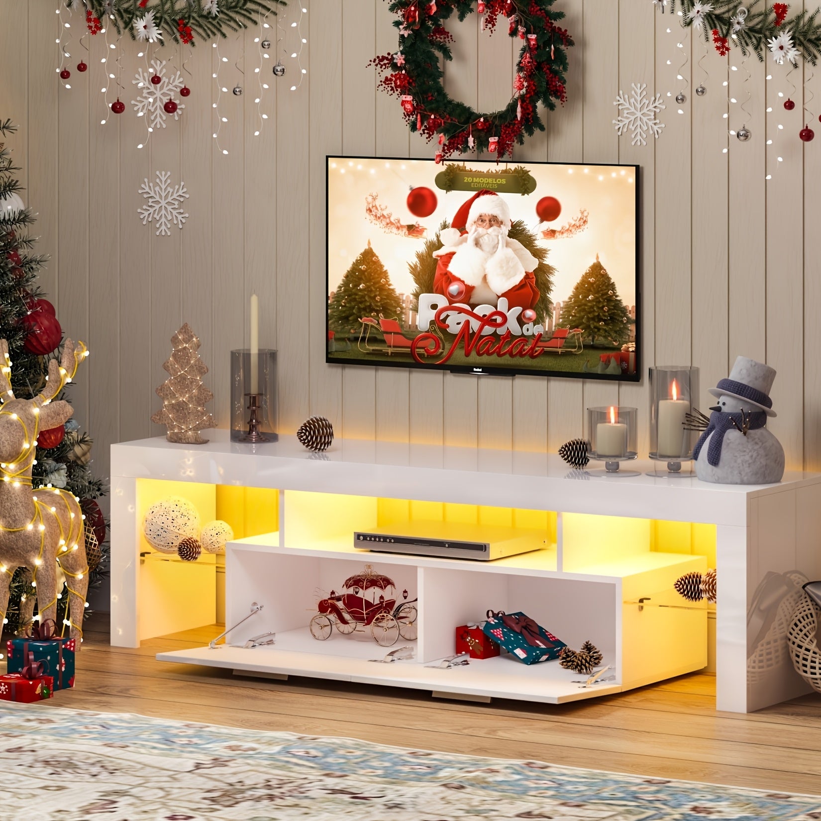 71" High Gloss White TV Stand with LED Lights for 55/65/75/80 Inch TVs, Gaming Entertainment Center with Cabinet for PS5, Modern Media Console Table with Glass Shelves for Living Room, Game Room, Bedroom