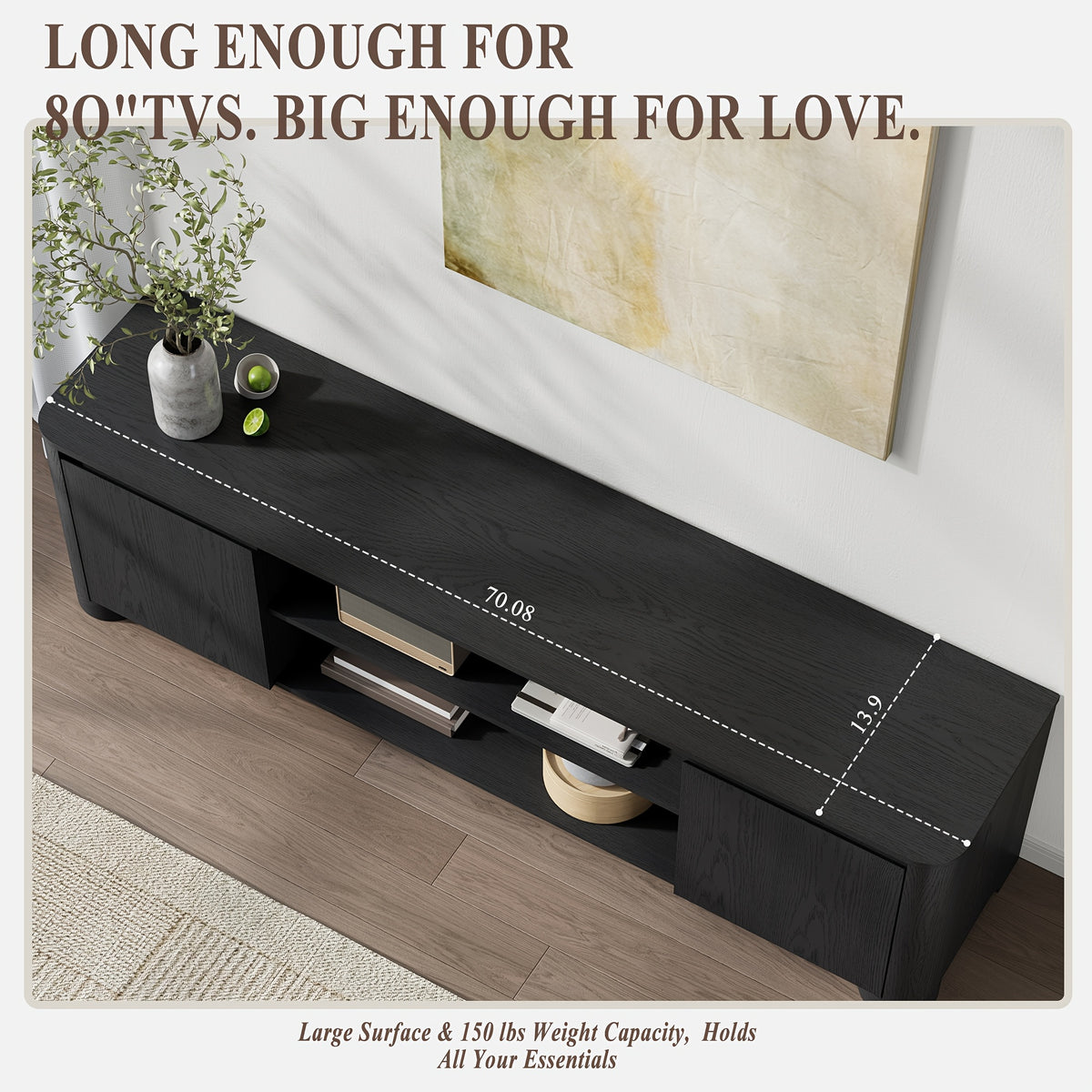 Modern 70" TV Stand for TVs Up to 80, Wooden Entertainment Center with Rounded Corners Design and Thickened Base for Living Room, Hallway