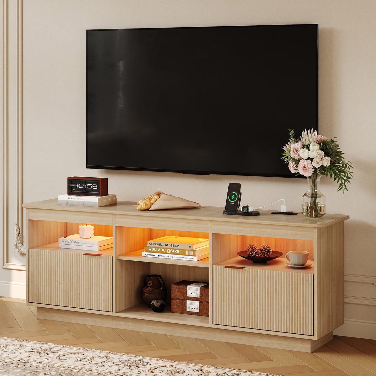 70" Mid-Century Modern Fluted TV Stand with Storage, Entertainment Center for Tvs Up to 80", Media Console for Living Room, Walnut/Nature
