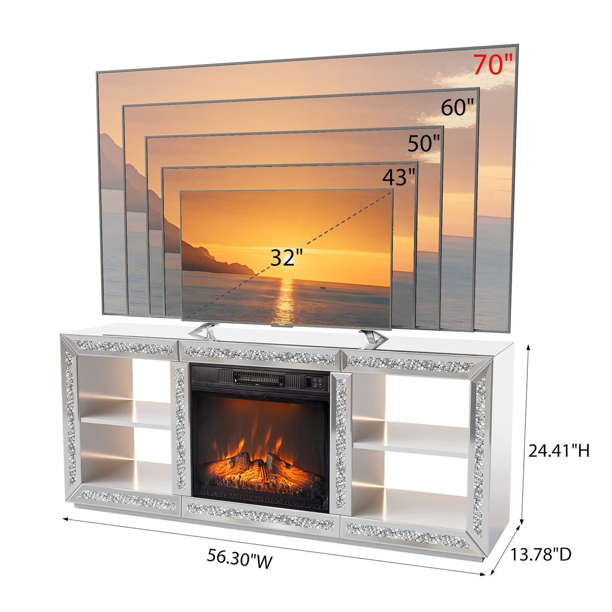 Silver Mirror Modern TV Stand with 18 Inch Fireplace Insert & Storage Shelves, Medium Density Fiberboard Fireplace TV Console for Living Room, 143 x 35 x 62 cm