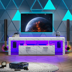 71" High Gloss White TV Stand with LED Lights for 55/65/75/80 Inch TVs, Gaming Entertainment Center with Cabinet for PS5, Modern Media Console Table with Glass Shelves for Living Room, Game Room, Bedroom