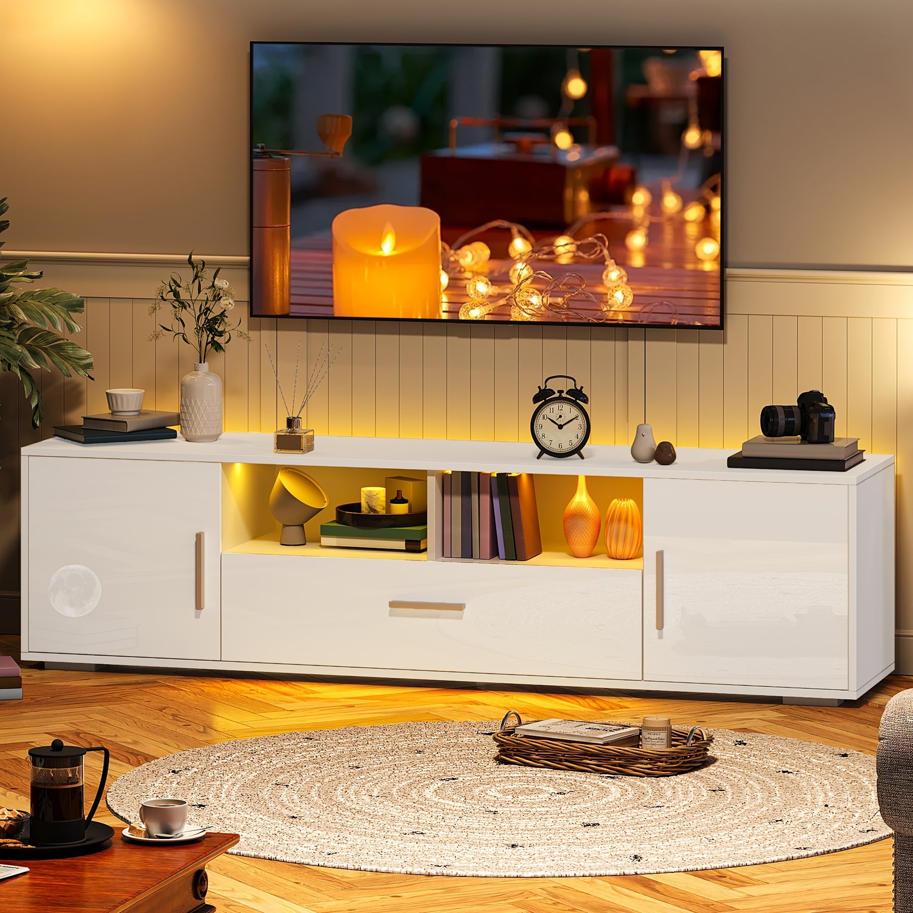 White TV Stand for 50/55 Inch TV, 56" Entertainment Center with LED Lights, Modern TV Stands for Bedroom, TV Console Table with Storage Cabinets And Open Adjustable Shelves for Living Room Bedroom