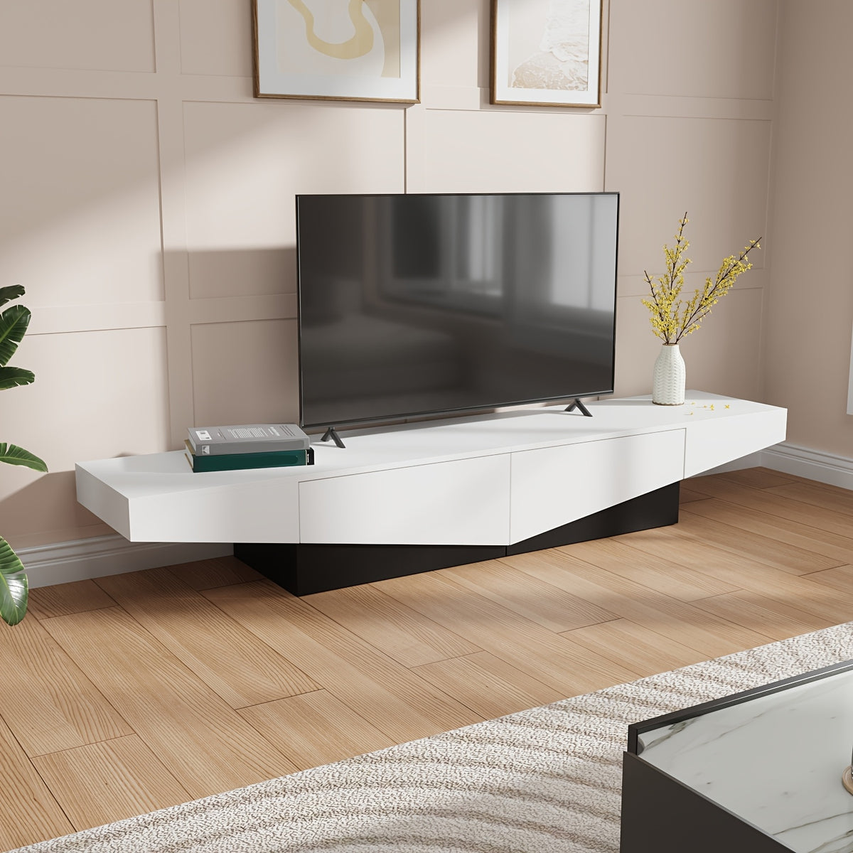 Modern Media Console TV Stand With 2 Drawers, TV Cabinet With Spacious Top, TV Console Table Entertainment Center For Living Room, Stylish Design, White & Black