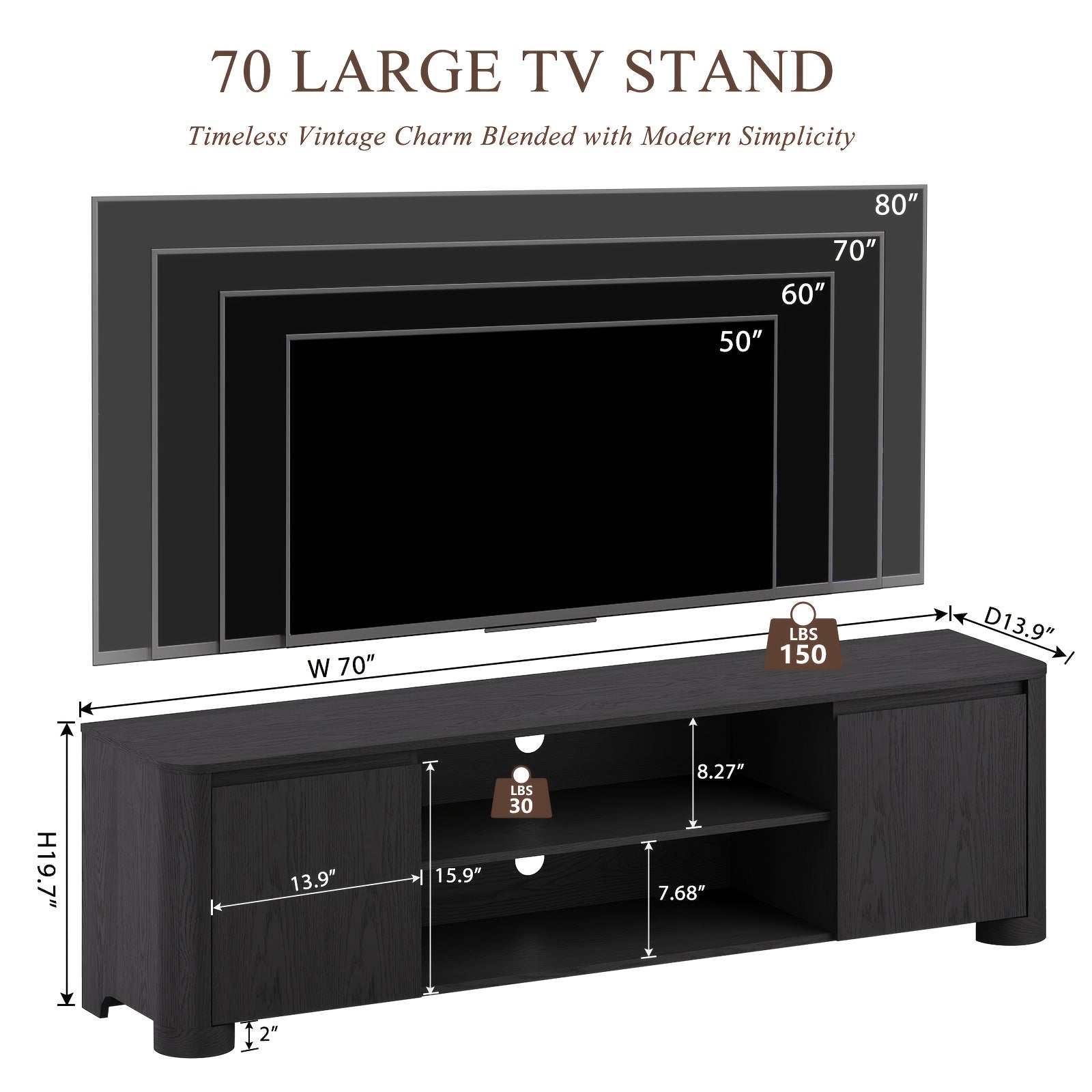 Modern 70" TV Stand for TVs Up to 80, Wooden Entertainment Center with Rounded Corners Design and Thickened Base for Living Room, Hallway