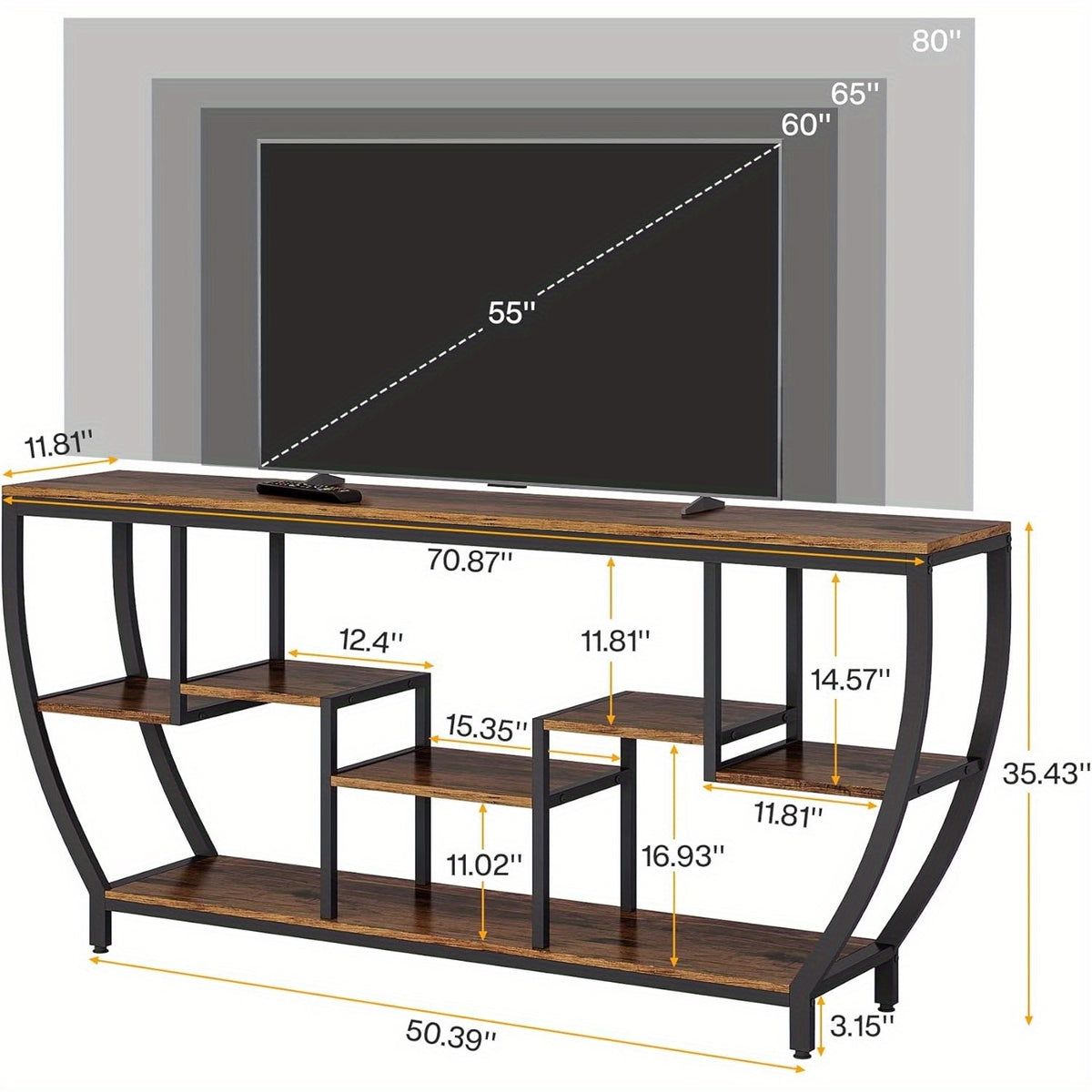 70.9" Extra Long TV Stand for up to 80" TVs, Heavy-Duty Entertainment Center with Storage Shelves, Rustic Brown Media Console - Sturdy MDF & Metal Construction, Living Room, Bedroom, Home Theater Furniture - Easy Assembly, Tv Console for Living Room, Bed
