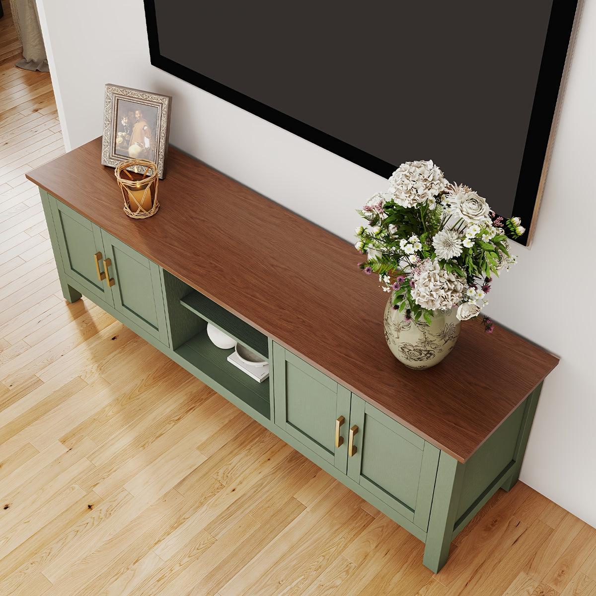 63 Inch TV Stand for TVs Up to 75", Farmhouse Entertainment Center with Storage, Wood TV Console with Cabinet, Under TV Cabinet for Living Room