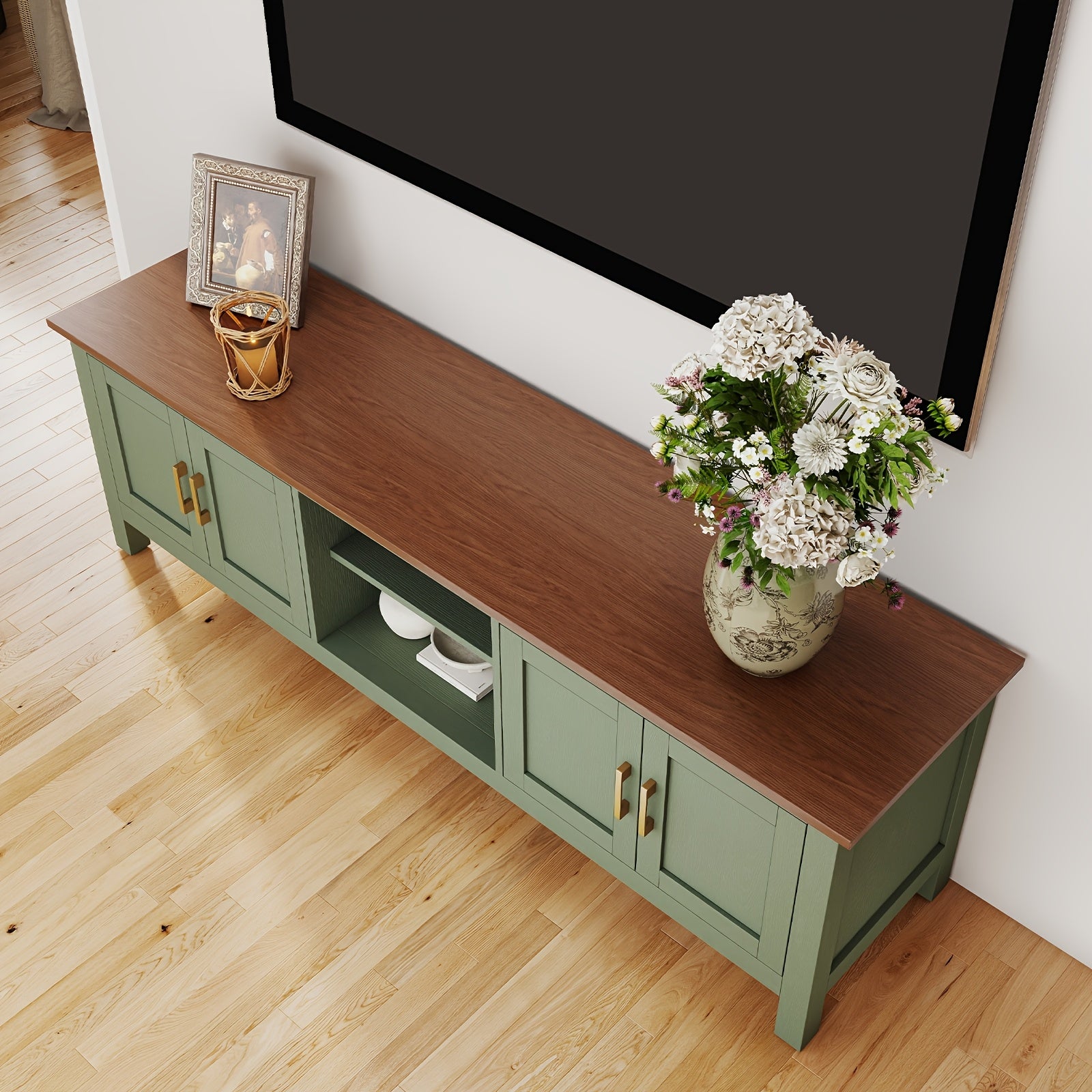 63 Inch TV Stand for TVs Up to 75", Farmhouse Entertainment Center with Storage, Wood TV Console with Cabinet, Under TV Cabinet for Living Room