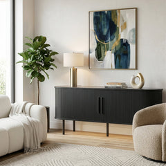 Black Embossed Particle Board TV Stand, Oval Tabletop 147×35×58cm, Entertainment Center with Slatted Sliding Doors, Modern Media Console Cabinet for Living Room