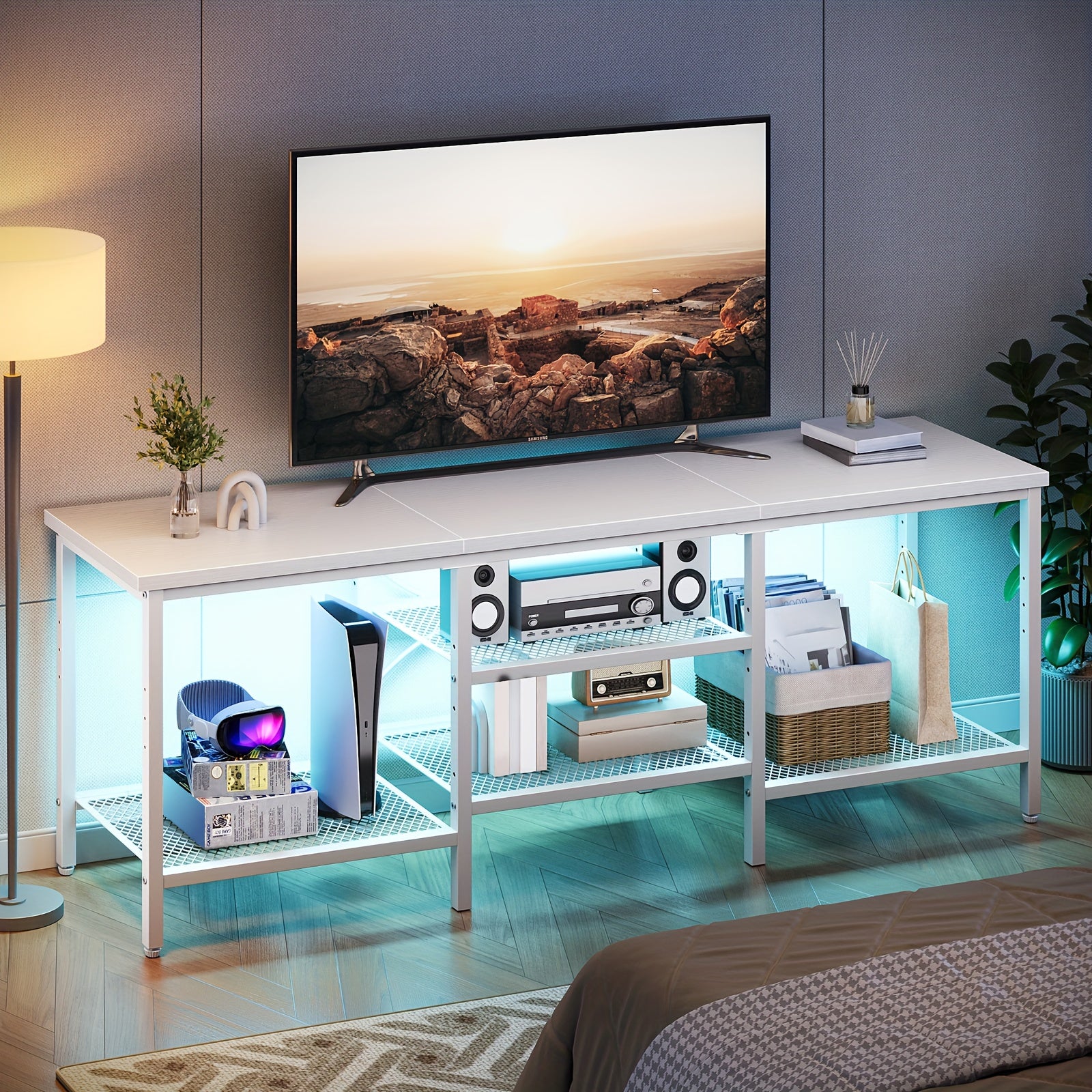 RGB Gaming TV Stand For Up To 75" TVs - Media Console With Open Storage Shelves, Modern Entertainment Center For Living Room, Perfect Gift For Thanksgiving And Christmas, White Elephant Gifts
