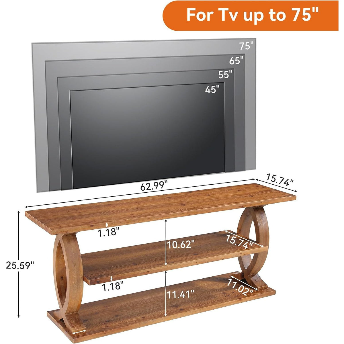 63' Solid Wood TV Stand for 75-Inch TVs, 3-Tier TV Console with Open Storage Shelves, Farmhouse Wooden Entertainment Center Television Stands with Sturdy Legs for Living Room, Bedroom, Brown