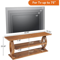 63' Solid Wood TV Stand for 75-Inch TVs, 3-Tier TV Console with Open Storage Shelves, Farmhouse Wooden Entertainment Center Television Stands with Sturdy Legs for Living Room, Bedroom, Brown