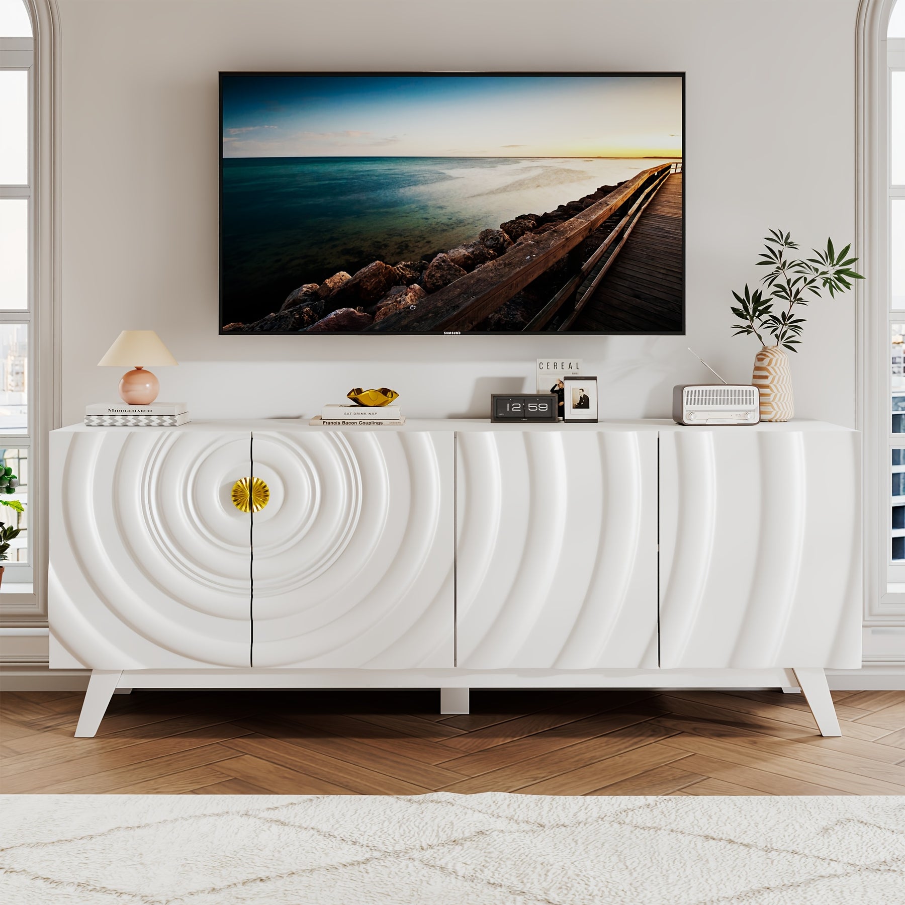 HWB Wave-Patterned TV Stand with Raised Legs, Console Table with 2 Storage Cabinets & Adjustable Shelves, Large Entertainment Center Fits 50"-70" TVs for Living Room