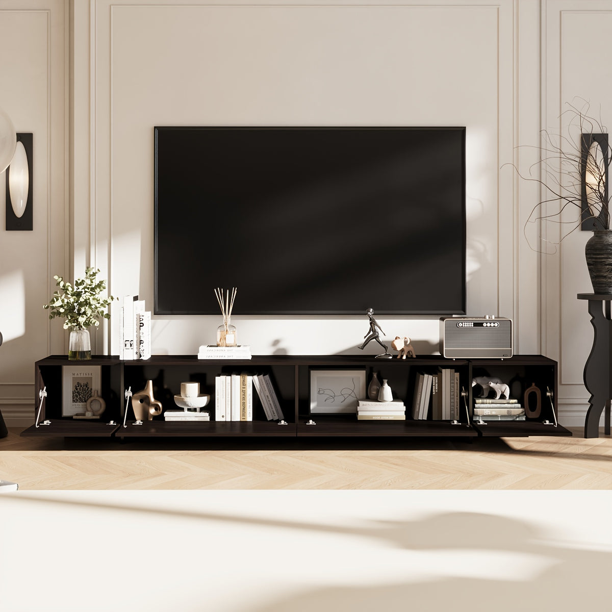 95.7'' W Modern TV Stand for Up to 100'' Tvs, TV Console with 4 Flip-Down Drawers, Media Storage Console Table Entertainment Center for Living Room, Brown