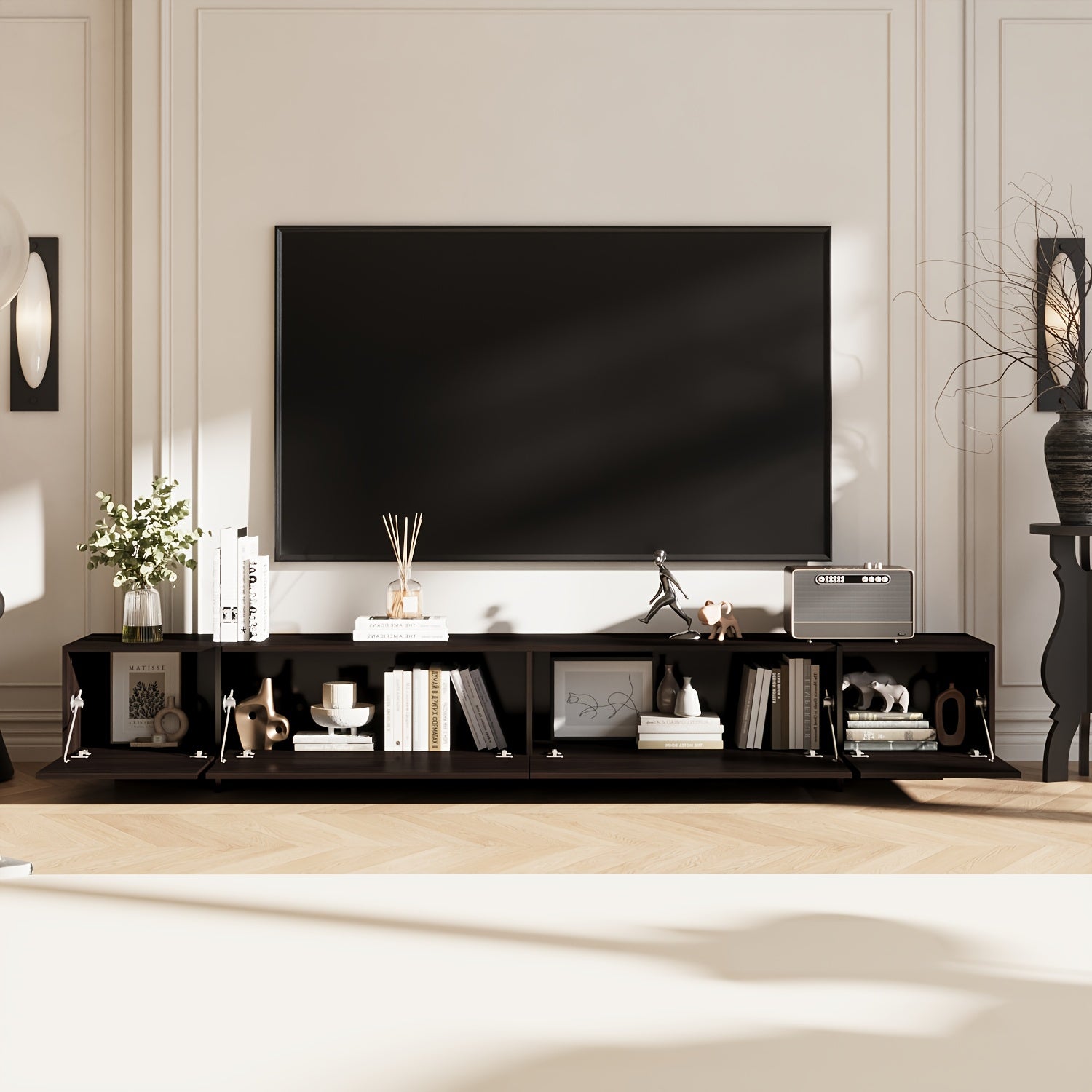 95.7'' W Modern TV Stand for Up to 100'' Tvs, TV Console with 4 Flip-Down Drawers, Media Storage Console Table Entertainment Center for Living Room, Brown