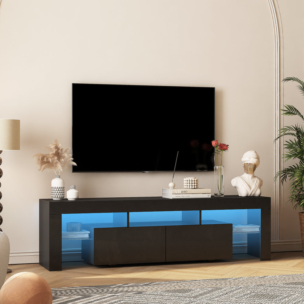 Modern High Gloss TV Stand for TVs up to 65'' | TV Console with Storage Cabinets for Living Room, Black, Hardwood and Metal Material