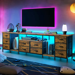"85" TV Stand Dresser For 75-85" TVs, 75.5" Wide Entertainment Center With LED Lights, 10 Drawers & Power Outlets, Modern Bedroom Dresser (Brown/Black/White)