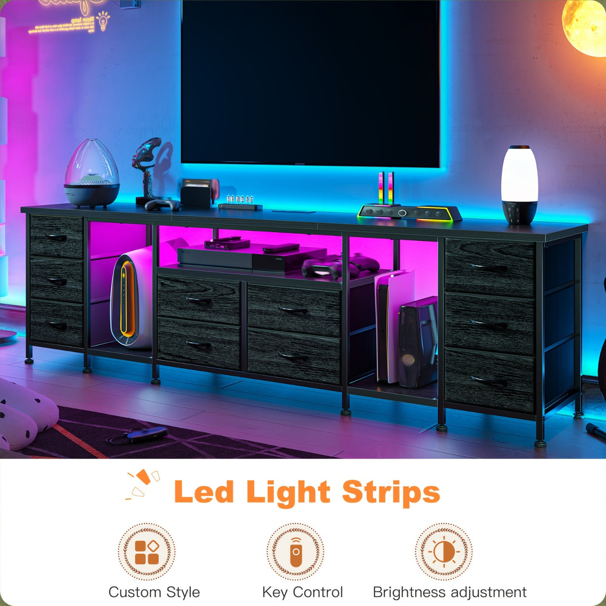 "85" TV Stand Dresser For 75-85" TVs, 75.5" Wide Entertainment Center With LED Lights, 10 Drawers & Power Outlets, Modern Bedroom Dresser (Brown/Black/White)
