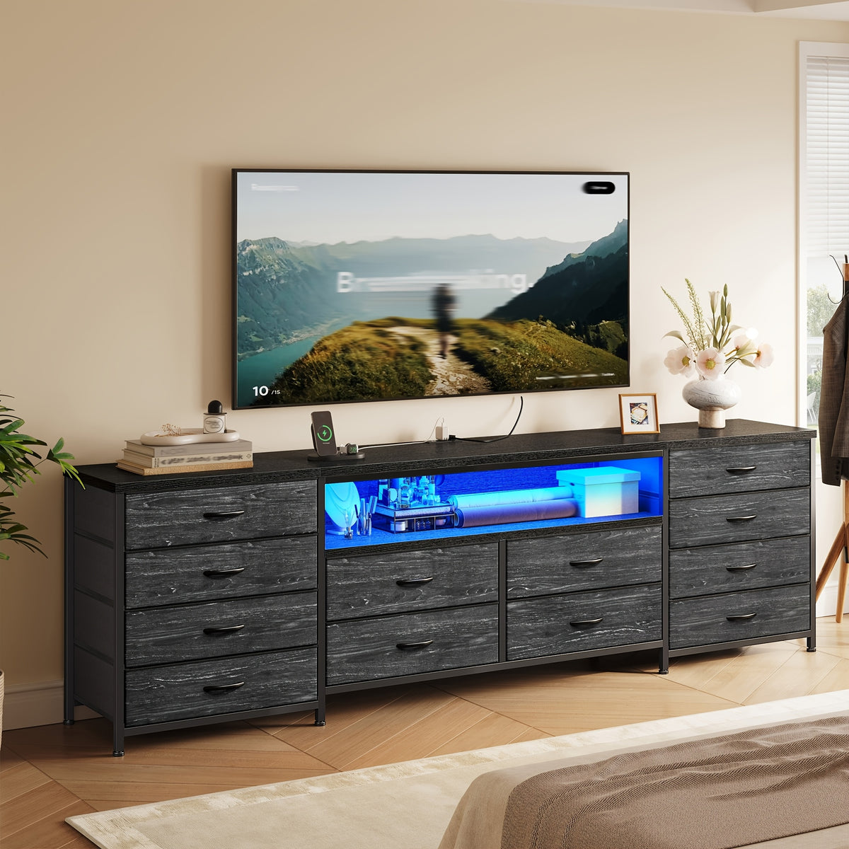 [12 PCS] 63"W Modern TV Stand Dresser with LED Lights & Power Outlets, for Up to 70 Inch TVs, Fabric Chest Of 12 Drawers, Entertainment Center for Bedroom, Living Room, Hallway, Black, Brown