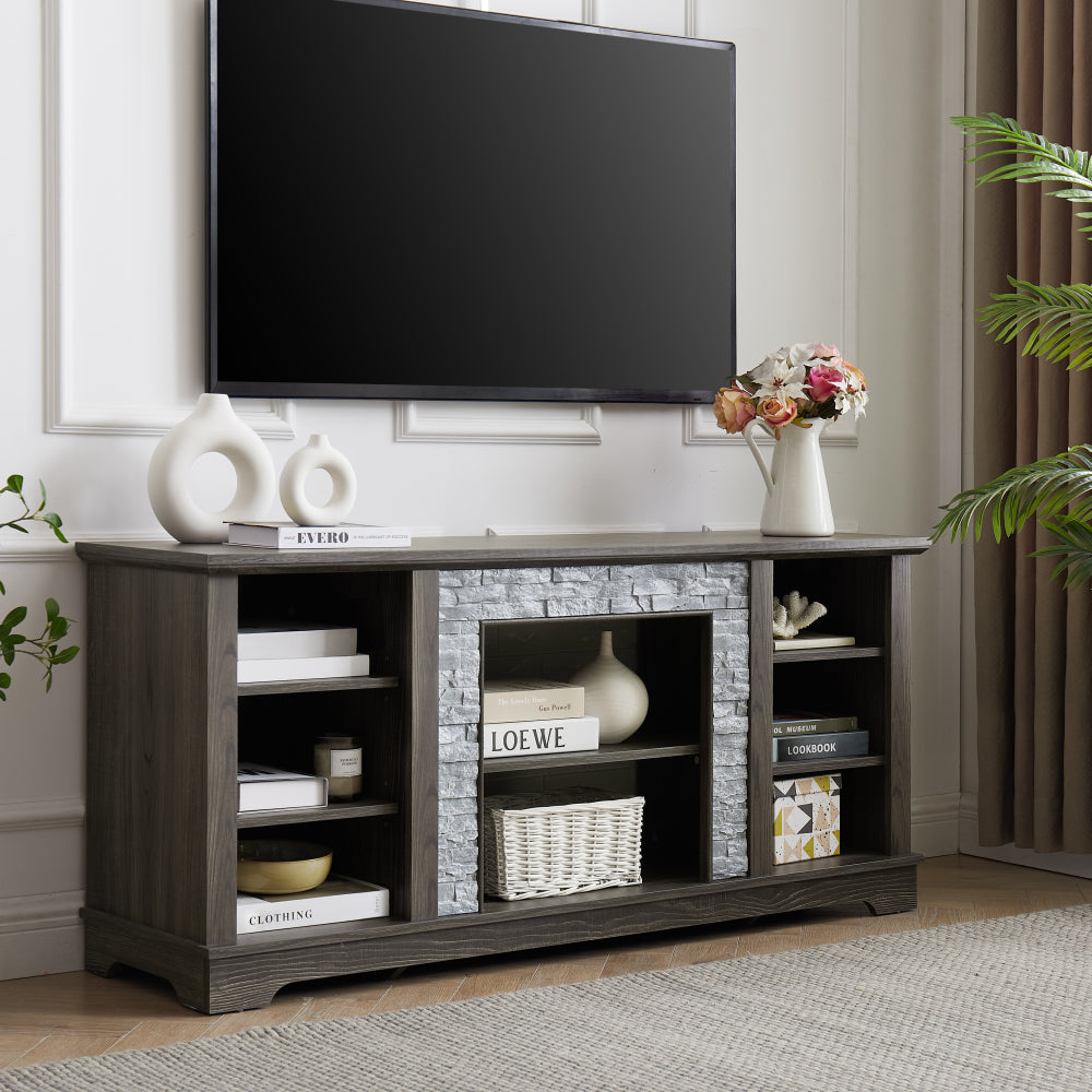 58.3' Modern TV Stand with Realistic Stacked Stone Surround, Entertainment Center with Storage Space, Modern TV Console Table for TVs Up to 65', Rack for Living Room