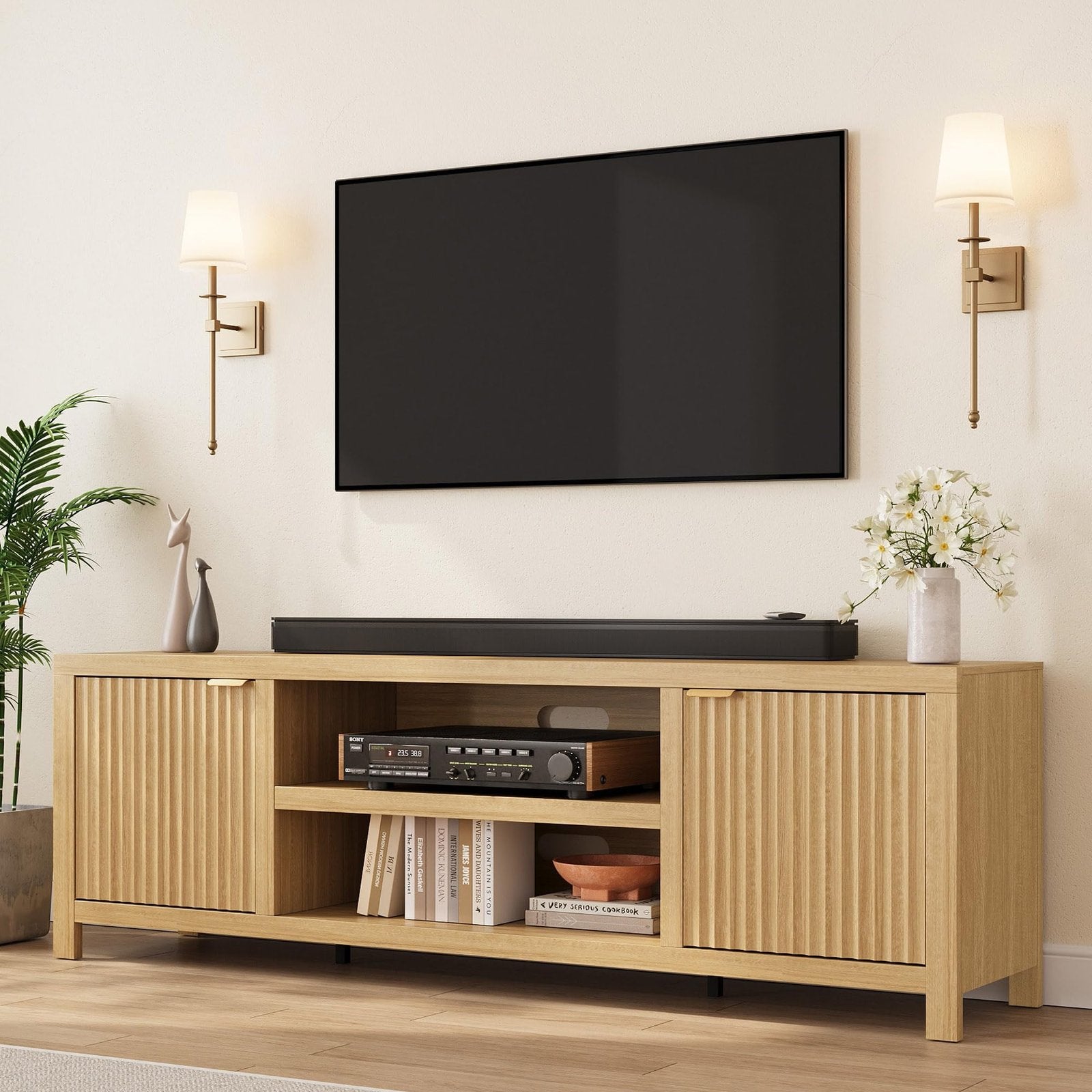 IDEALHOUSE Modern TV Stand for 80-inch TVs Suitable for Living Room & Bedroom, Natural Oak Media Cabinet with Adjustable Shelves, 2-Tier Storage Entertainment Center, Furniture for 80 Inch Screens