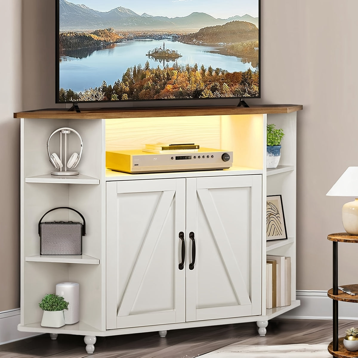 Office Rustic Oak White Brown Grey Corner TV Stand for 55 Inch with LED Lights, Studio Corner TV Cabinet with Adjustable Shelves, Corner Entertainment Center with Barn Doors for Office, Studio, Rustic Oak White Brown Grey