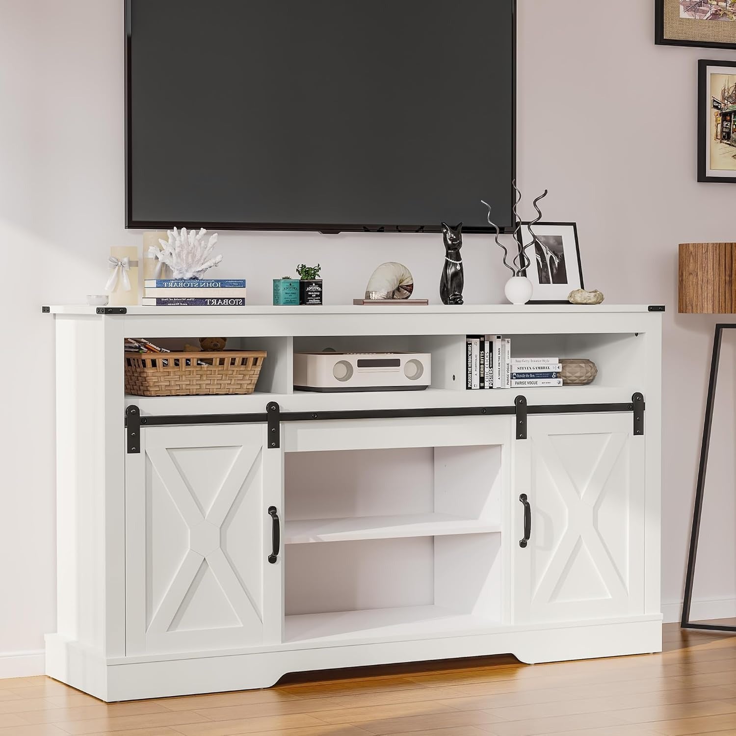 TV Stand for 23" Fireplace, 34'' Tall Entertainment Center for 65+ Inch TV, Rustic TV Console with Sliding Bar Door for Living Room (White)