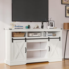 TV Stand for 23" Fireplace, 34'' Tall Entertainment Center for 65+ Inch TV, Rustic TV Console with Sliding Bar Door for Living Room (White)