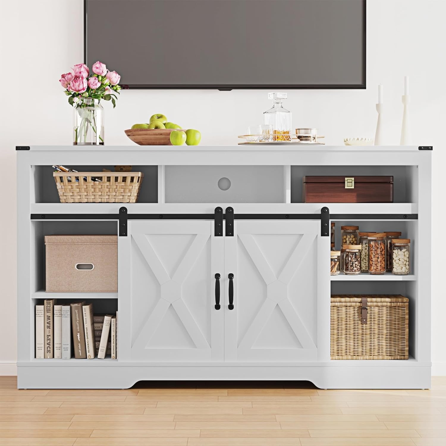 TV Stand for 23" Fireplace, 34'' Tall Entertainment Center for 65+ Inch TV, Rustic TV Console with Sliding Bar Door for Living Room (White)