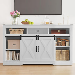 TV Stand for 23" Fireplace, 34'' Tall Entertainment Center for 65+ Inch TV, Rustic TV Console with Sliding Bar Door for Living Room (White)
