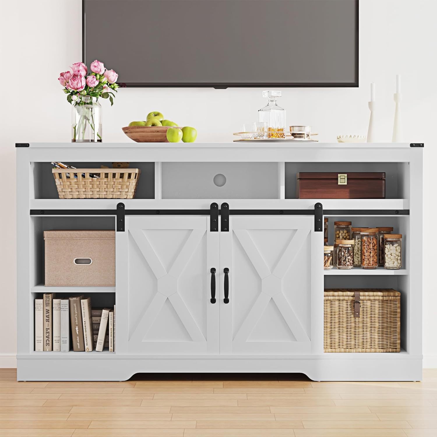 TV Stand for 23" Fireplace, 34'' Tall Entertainment Center for 65+ Inch TV, Rustic TV Console with Sliding Bar Door for Living Room (White)