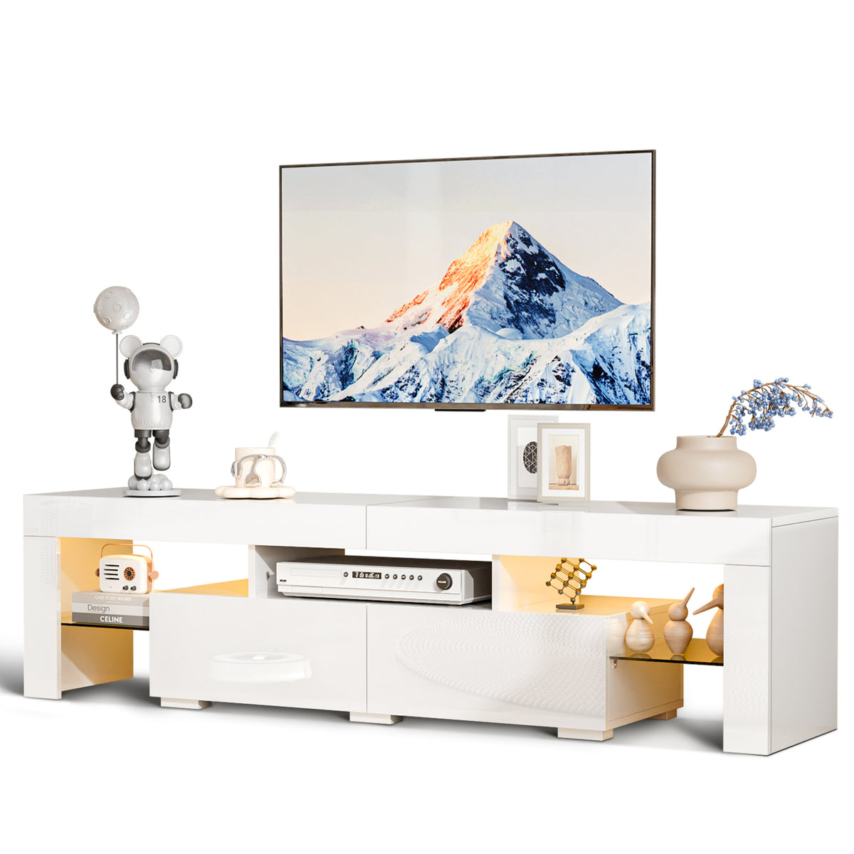 TV Stand Up to 70 Inch TV, TV Cabinet with Open Storage, Industrial TV Console with 2 Drawers And Glass Shelf for Living Room And Bedroom, White