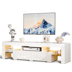 TV Stand Up to 70 Inch TV, TV Cabinet with Open Storage, Industrial TV Console with 2 Drawers And Glass Shelf for Living Room And Bedroom, White