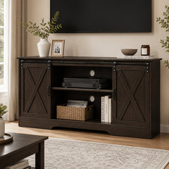 Modern Farmhouse Media Entertainment Center, Sliding Barn Door TV Stand Fits 65 Inch Television, TV Console with Storage Cabinets And Removable Adjustable Shelves, Suitable for Living Room & Bedroom, Available In White And Black