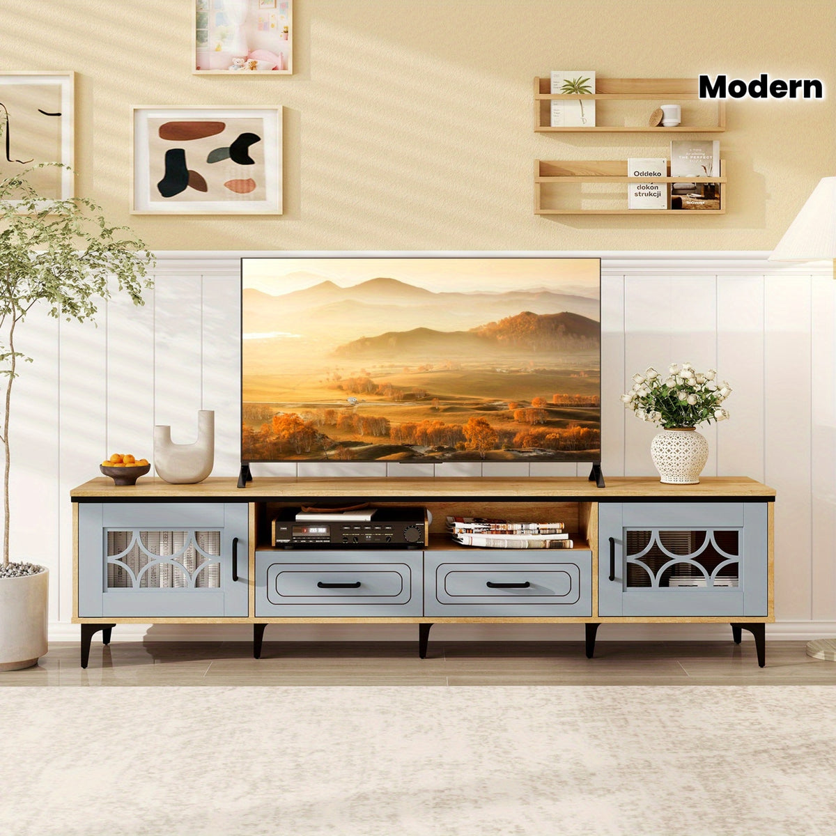 COSTWAY 71" TV Stand for TVs up to 80 Inch, TV Console Media Cabinet with Open Compartment, Side Cabinets & Drawers, Modern Mid-century Entertainment Center Wooden Television Furniture for Living Room Bedroom