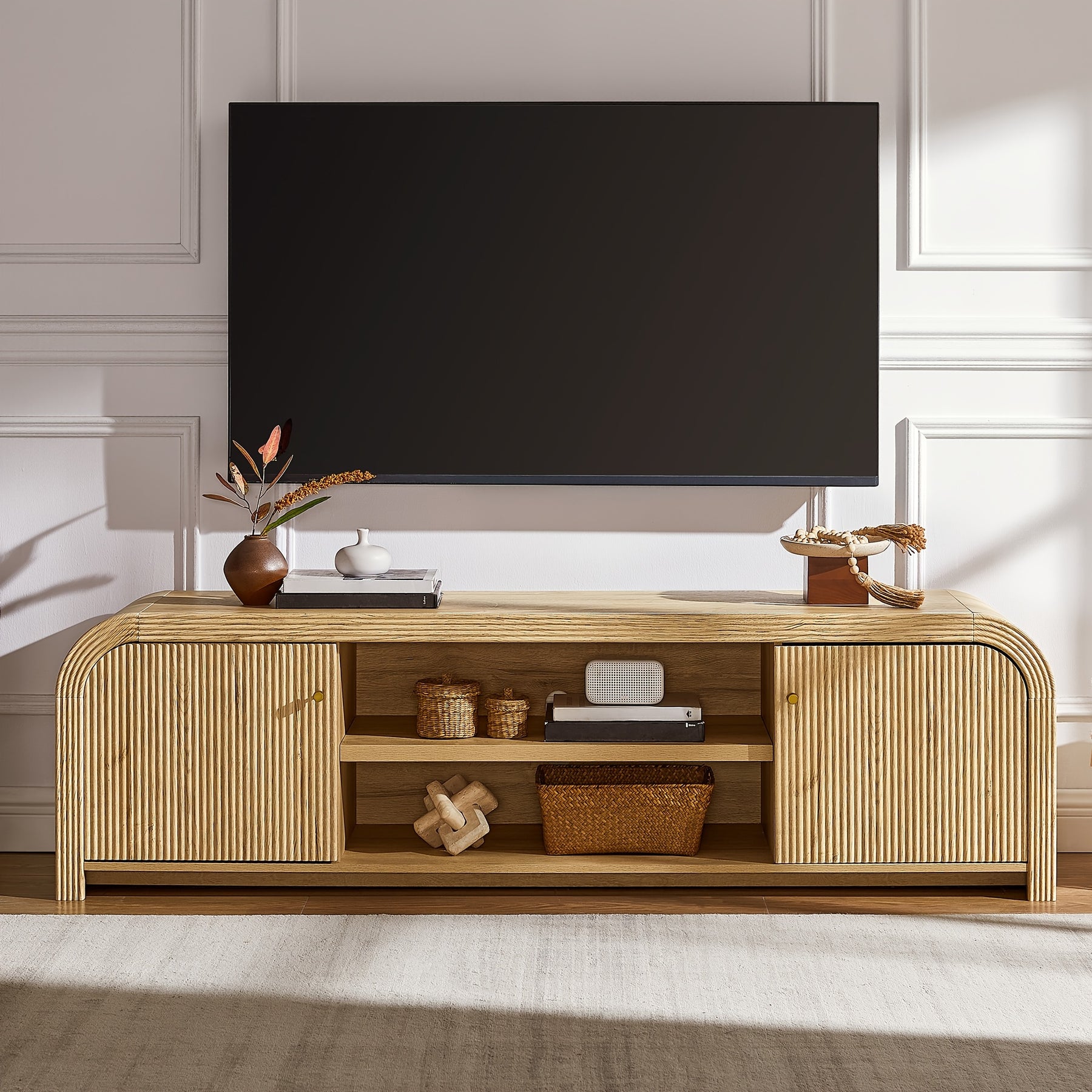 70" Fluted Rounded TV Stand for Tvs Up to 80", Curved Wooden Media Console with Soft Close Cabinet Doors & Adjustable Storage Shelves, Modern Farmhouse Entertainment Center for Living Room