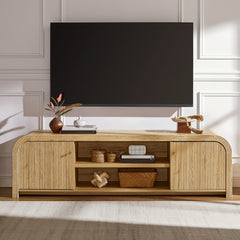 70" Fluted Rounded TV Stand for Tvs Up to 80", Curved Wooden Media Console with Soft Close Cabinet Doors & Adjustable Storage Shelves, Modern Farmhouse Entertainment Center for Living Room