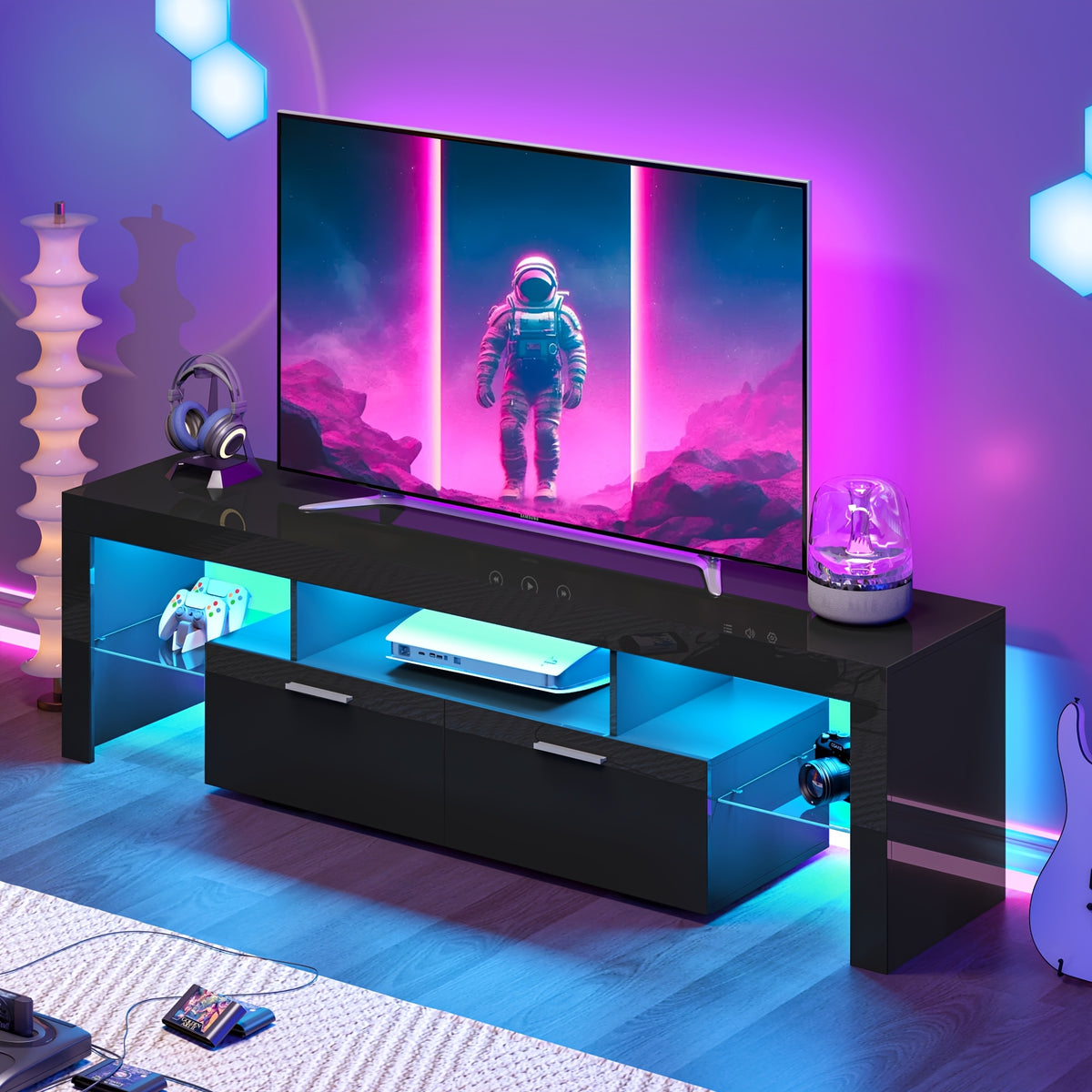 71" Black TV Stand for 55/65/75/80 Inch TVs, High Gloss LED Entertainment Center with Large Storage, Gaming Media Console TV Stand with Cabinet for PS5, Modern TV Table with Glass Shelves for Living Room, Bedroom, Game Room, Tv Stand For Living Room, Tv