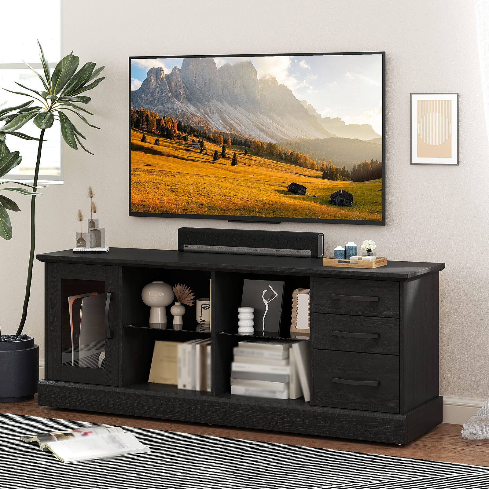 COSTWAY TV Stand Designed for 73-Inch Televisions, Featuring a 63-Inch Media Console Table Equipped with Three Drawers, Two Glass Shelves, And Cable Management Holes, Suitable for Living Rooms, Bedrooms, And Entryways, Available in Black And Gray