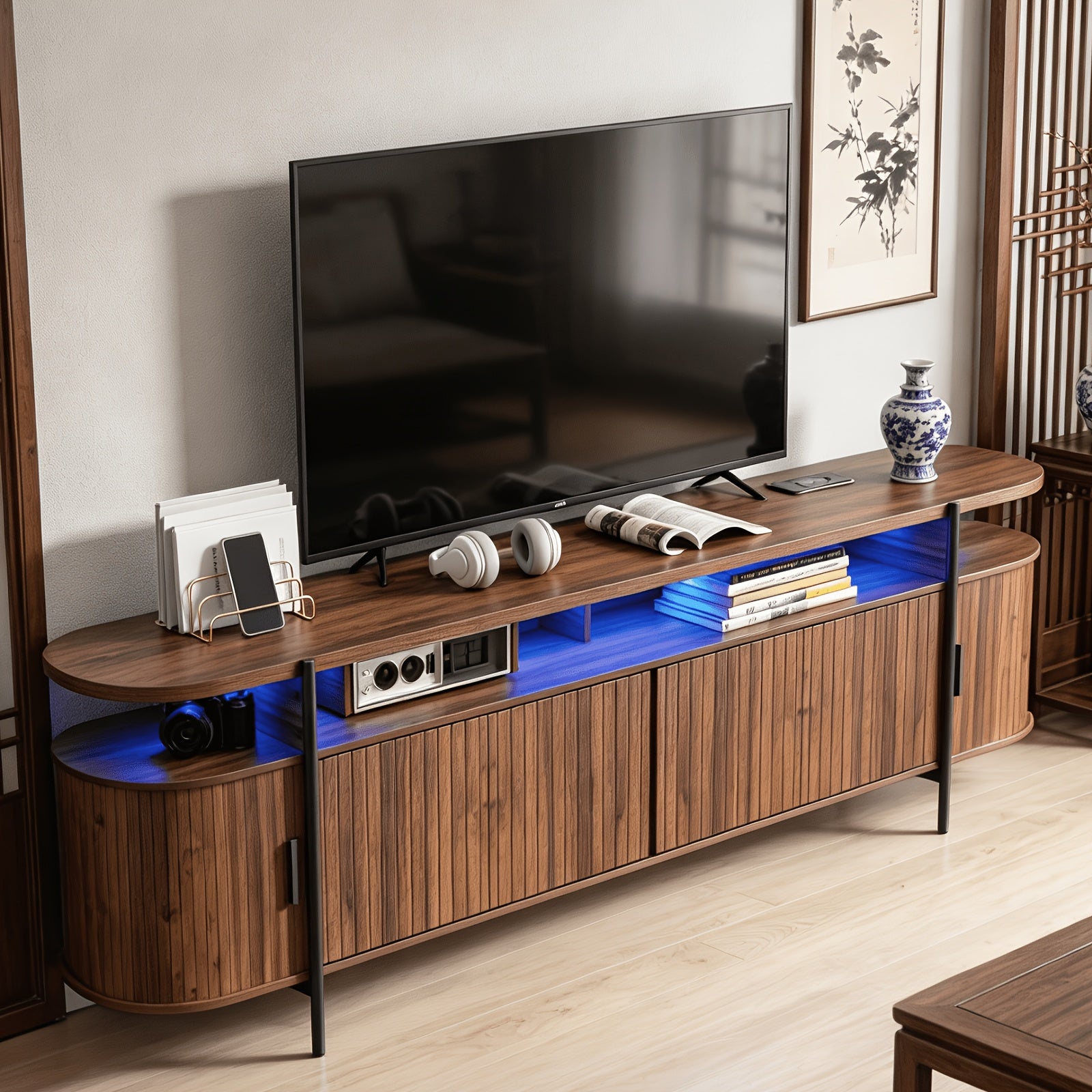 69" Walnut TV Stand for Tvs Up to 80'', Long Fluted Entertainment Center with Sliding Doors And Charging Station for Living Room