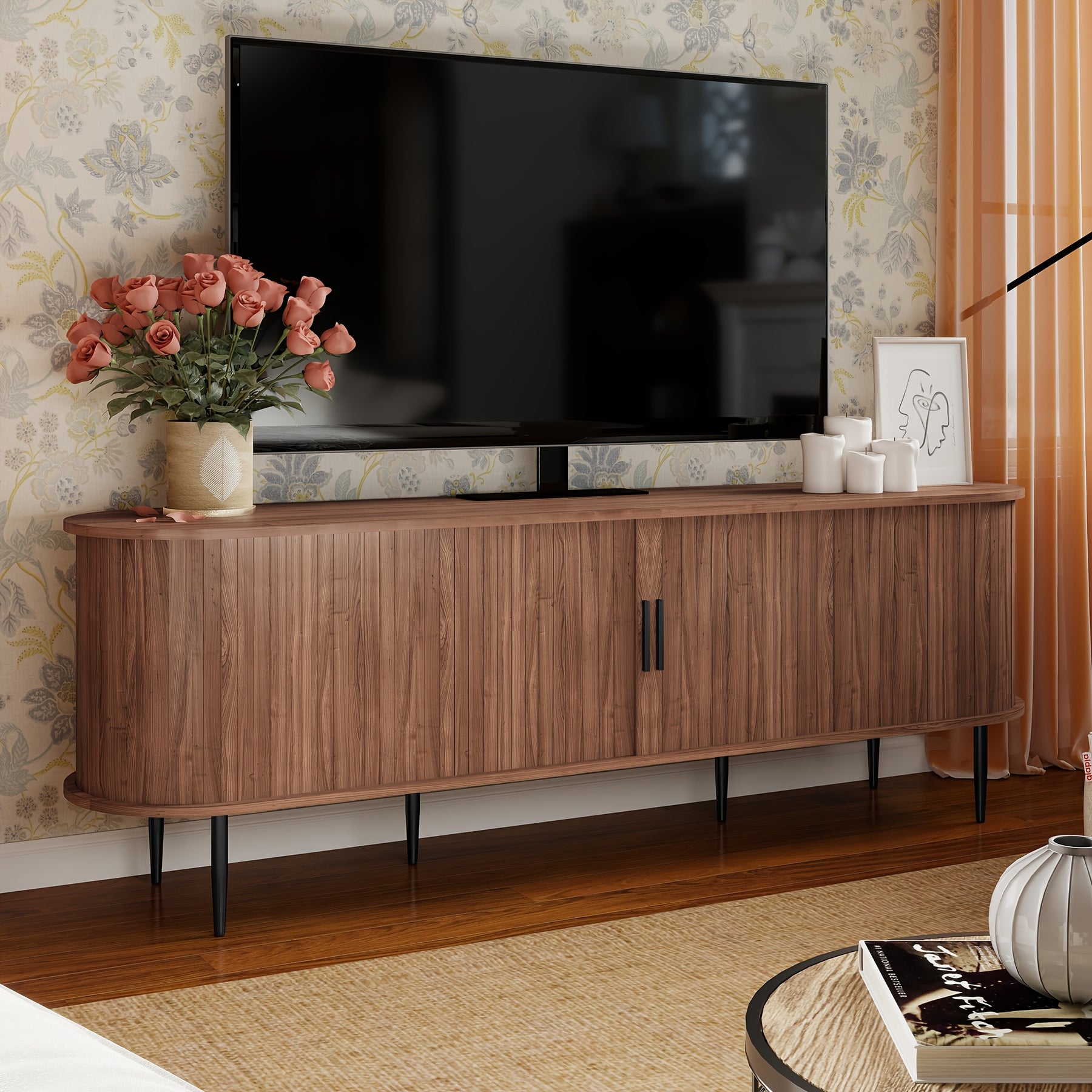 70" Modern TV Stand with Tambour Door for Tvs Up to 80", Entertainment Center with Storage, Fluted Television Consoles for Living Room