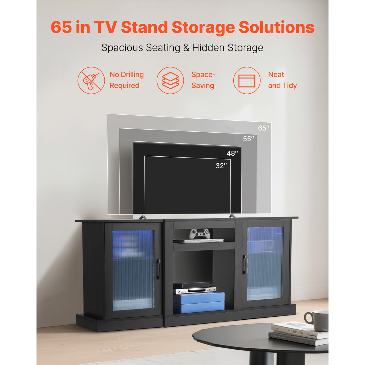 VEVOR TV Stand for 65 in TVs Farmhouse Entertainment Center with Light Strip Gray/Black