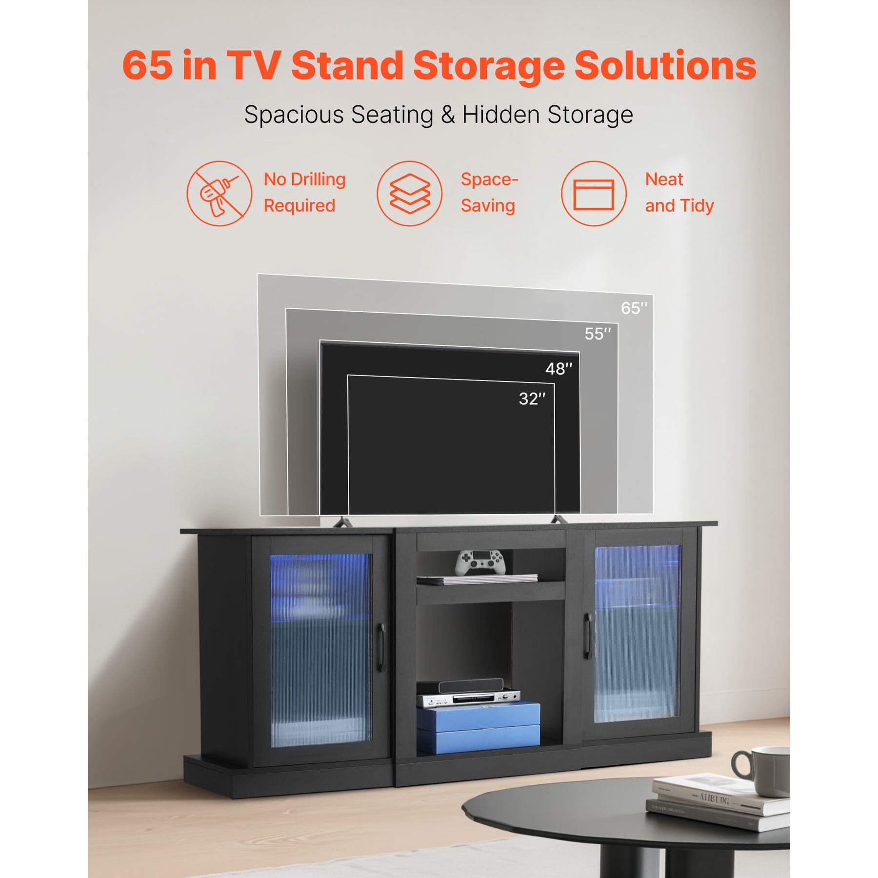 VEVOR TV Stand for 65 in TVs Farmhouse Entertainment Center with Light Strip Gray/Black