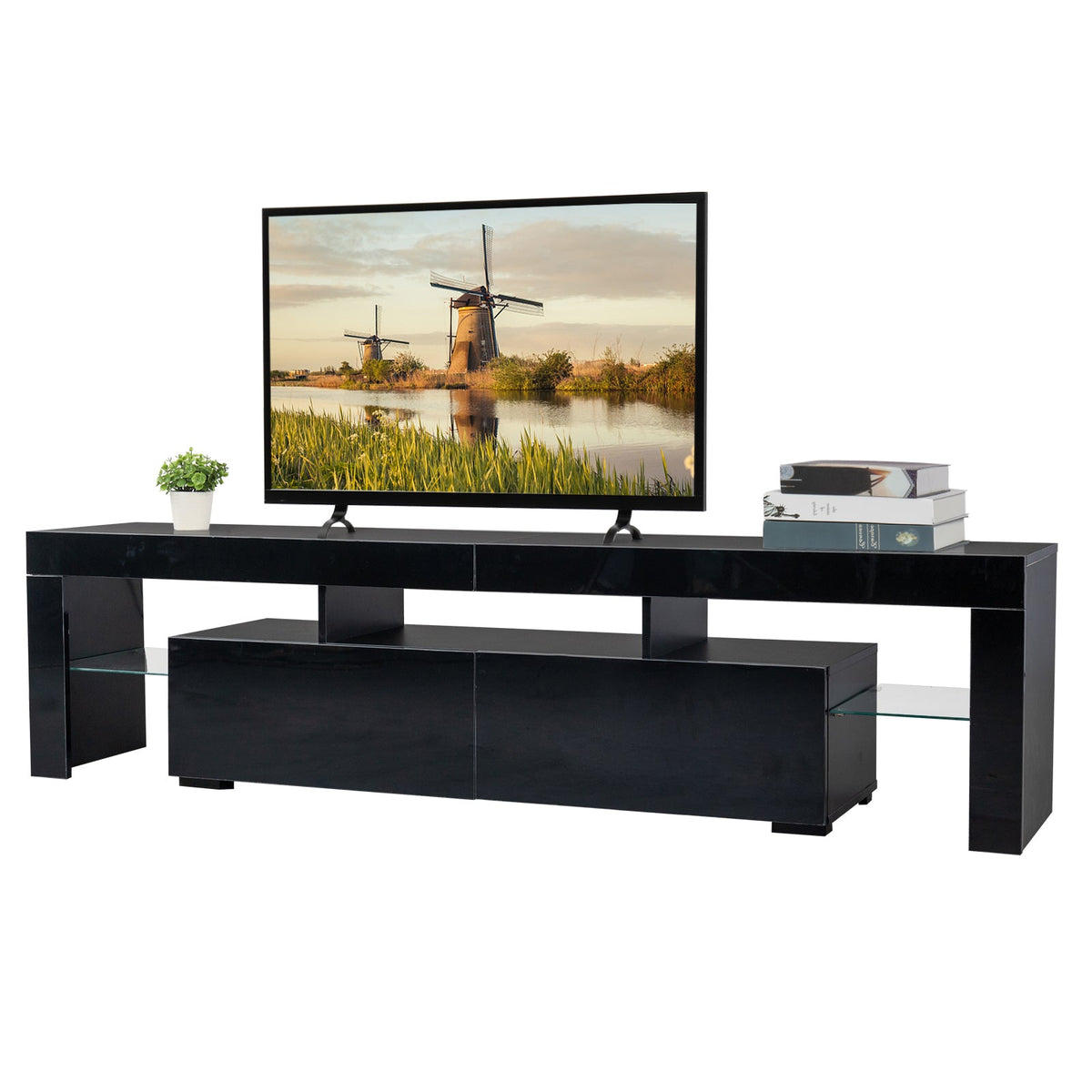 70.8 Inch Black TV Stand with RGB 16-Color LED Lights and USB Port - 2 Drawers Media Console, UV High-Gloss Density Board Top & Laminate Particle Board Cabinet, Entertainment Center for TVs Up to 75 Inches