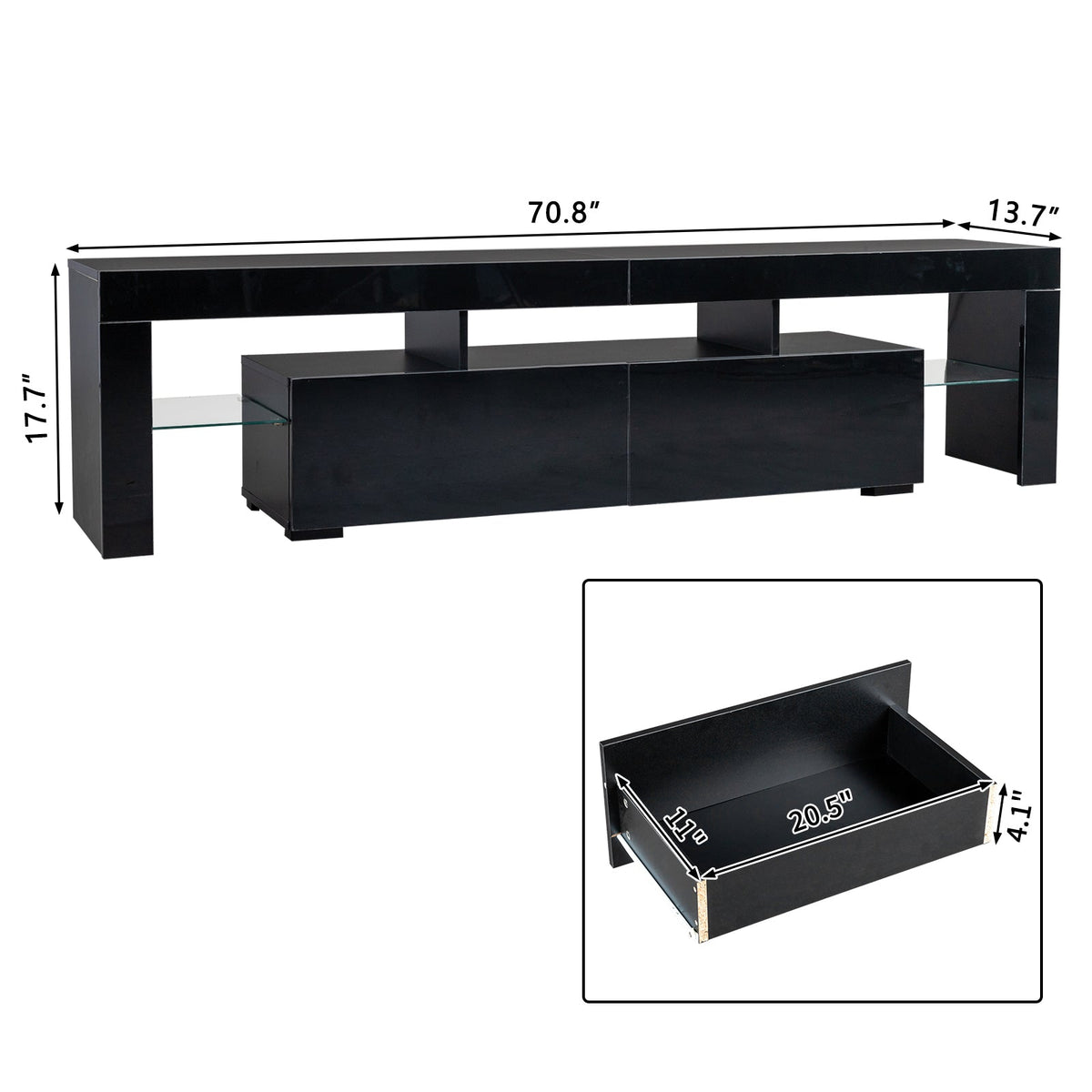 70.8 Inch Black TV Stand with RGB 16-Color LED Lights and USB Port - 2 Drawers Media Console, UV High-Gloss Density Board Top & Laminate Particle Board Cabinet, Entertainment Center for TVs Up to 75 Inches