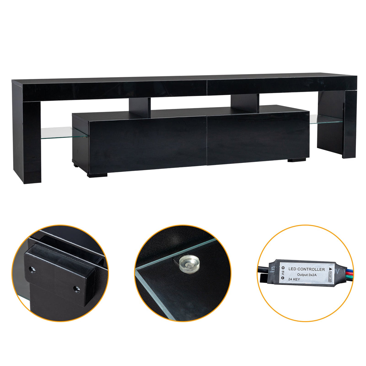 70.8 Inch Black TV Stand with RGB 16-Color LED Lights and USB Port - 2 Drawers Media Console, UV High-Gloss Density Board Top & Laminate Particle Board Cabinet, Entertainment Center for TVs Up to 75 Inches